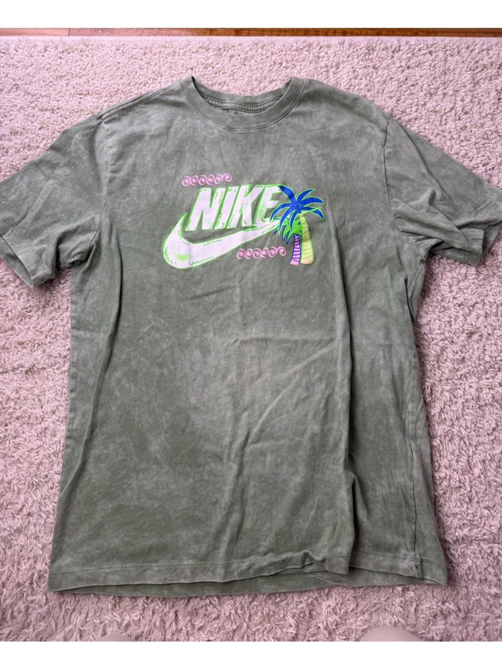 Nike Small Olive Green Tee with Neon Logo and Palm Tree